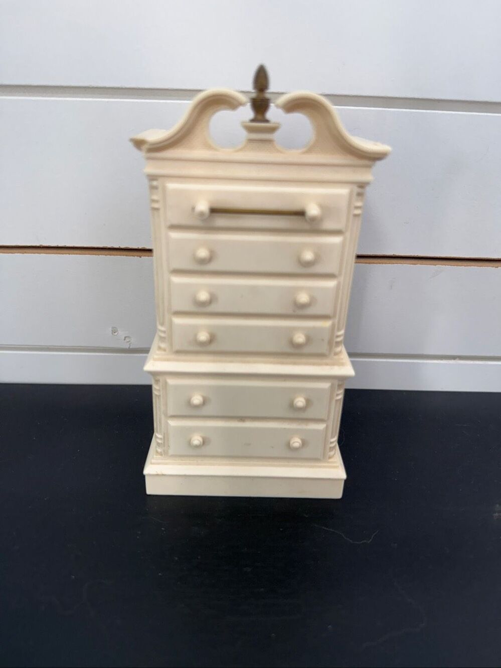 Vintage Park Sherman Highboy Dresser Coin Bank - Miniature Cream Celluloid Dollh